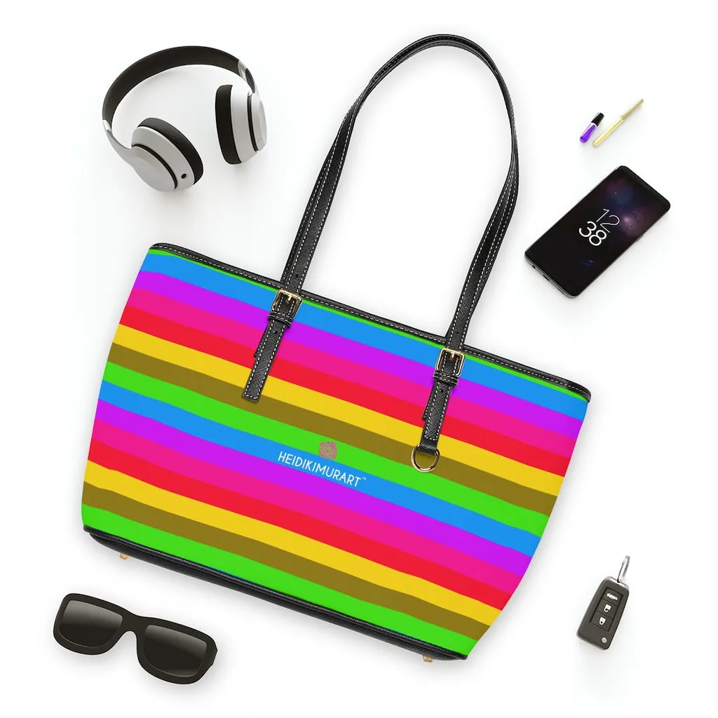 Rainbow Stripes Best Tote Bag, Best Designer PU Leather Shoulder Hand Work Bag 17"x11"/ 16"x10"