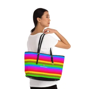 Rainbow Stripes Best Tote Bag, Best Designer PU Leather Shoulder Hand Work Bag 17"x11"/ 16"x10"