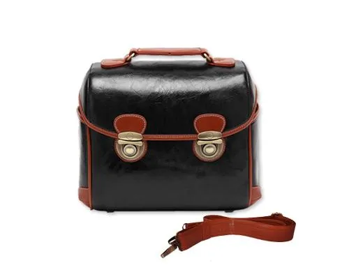 Retro DSLR Leather Shoulder Bag with Detatchable Strap - Black