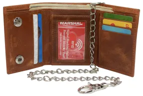 RFID Blocking Men's Tri-fold Leather Biker Silver Chain Wallet With Snap Closure