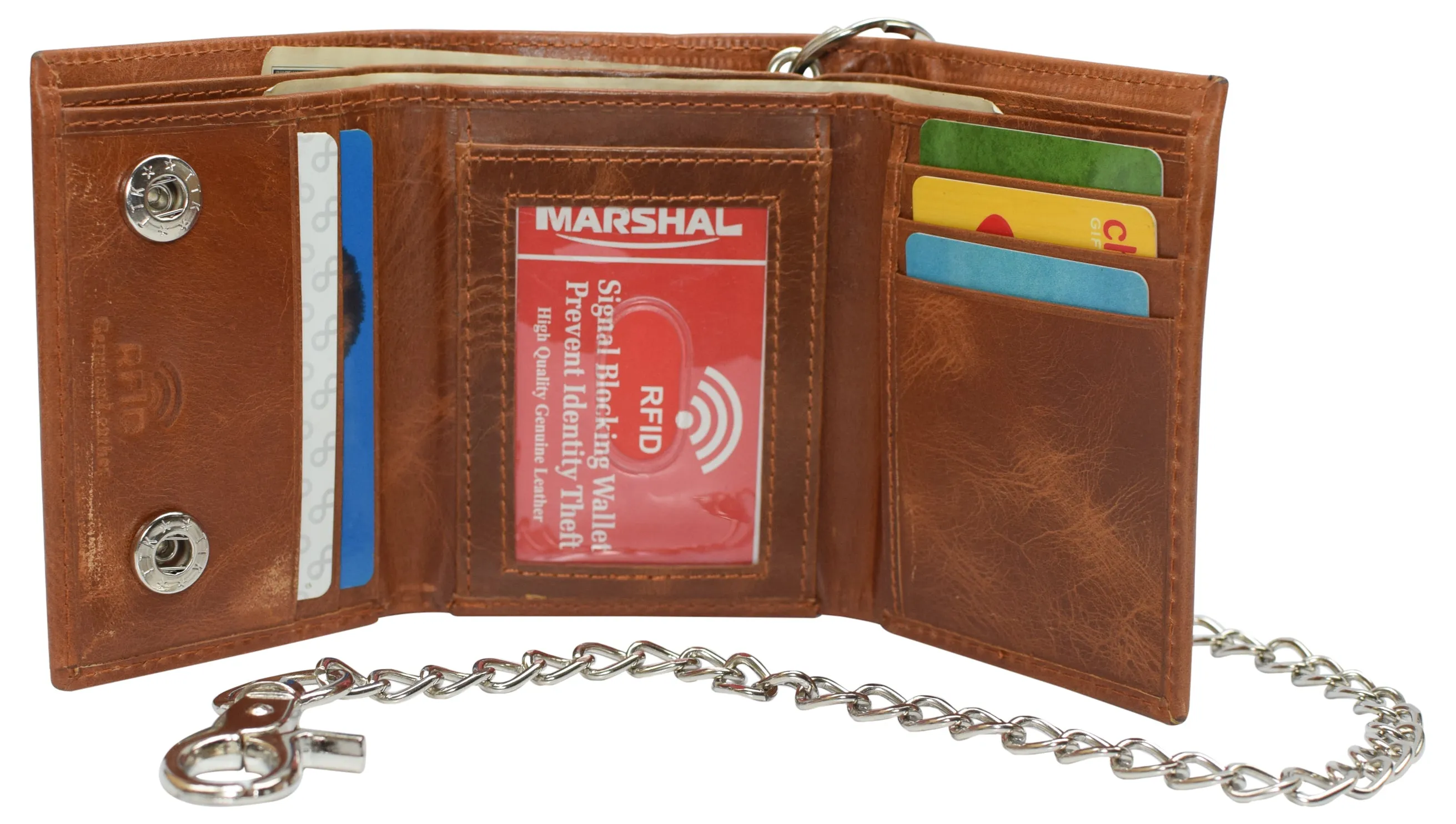 RFID Blocking Men's Tri-fold Leather Biker Silver Chain Wallet With Snap Closure