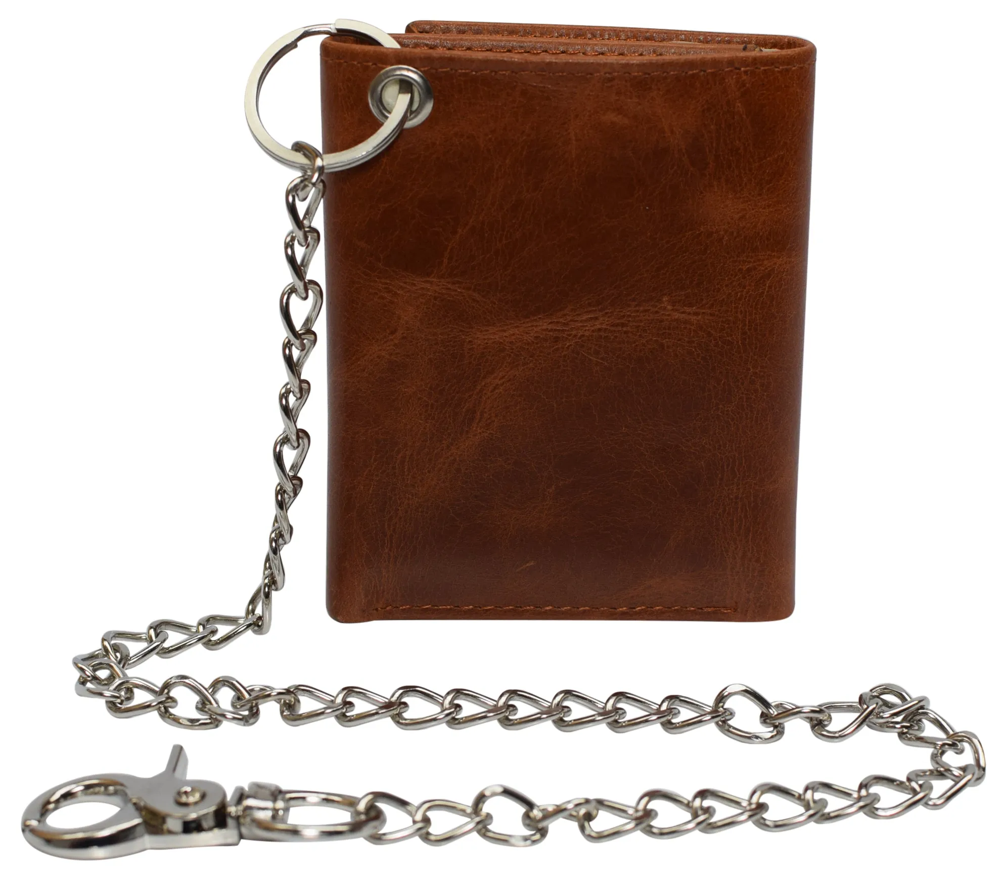 RFID Blocking Men's Tri-fold Leather Biker Silver Chain Wallet With Snap Closure