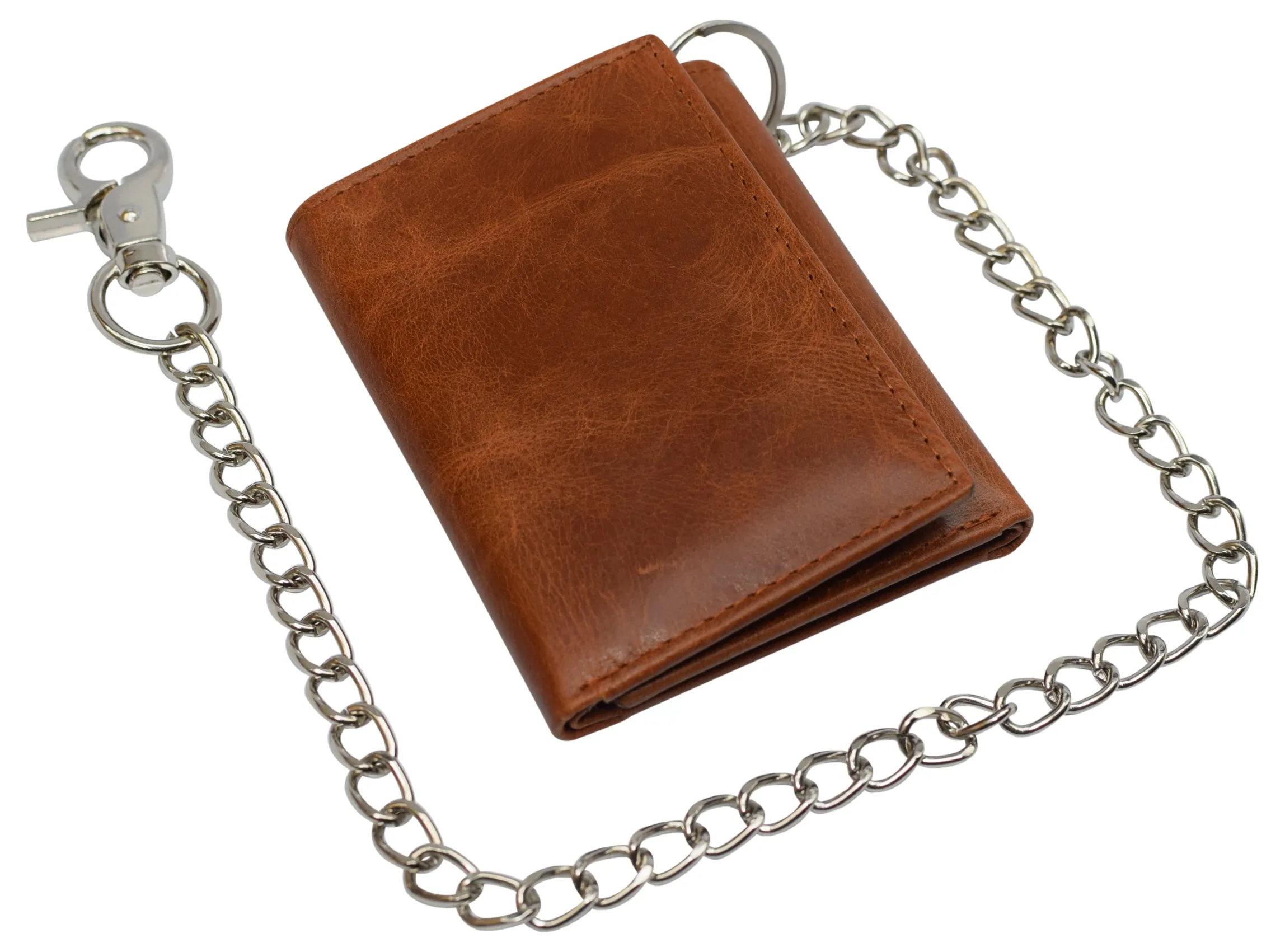 RFID Blocking Men's Tri-fold Leather Biker Silver Chain Wallet With Snap Closure