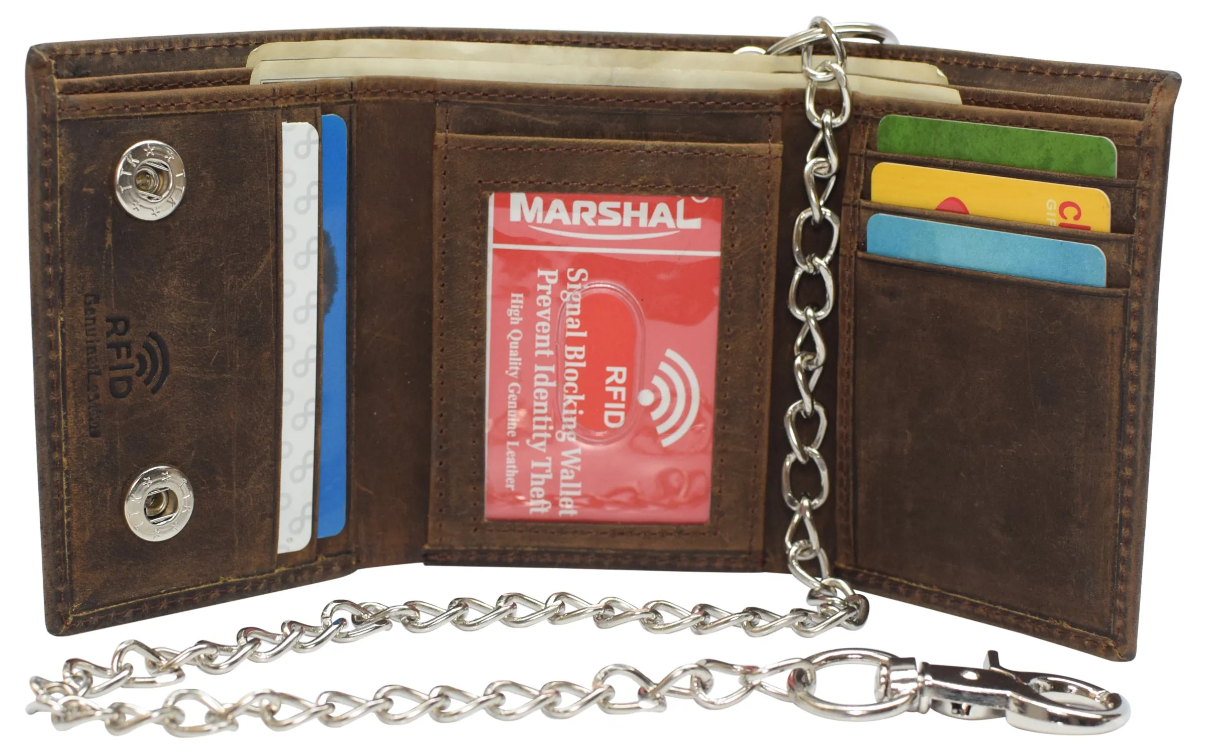 RFID Blocking Men's Tri-fold Leather Biker Silver Chain Wallet With Snap Closure