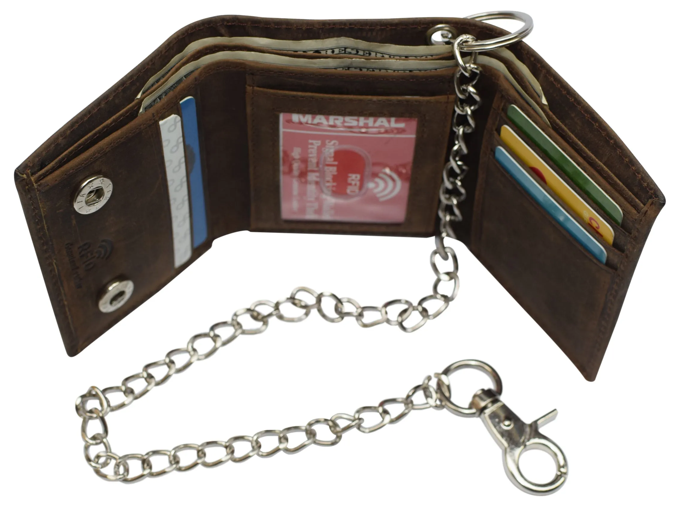 RFID Blocking Men's Tri-fold Leather Biker Silver Chain Wallet With Snap Closure