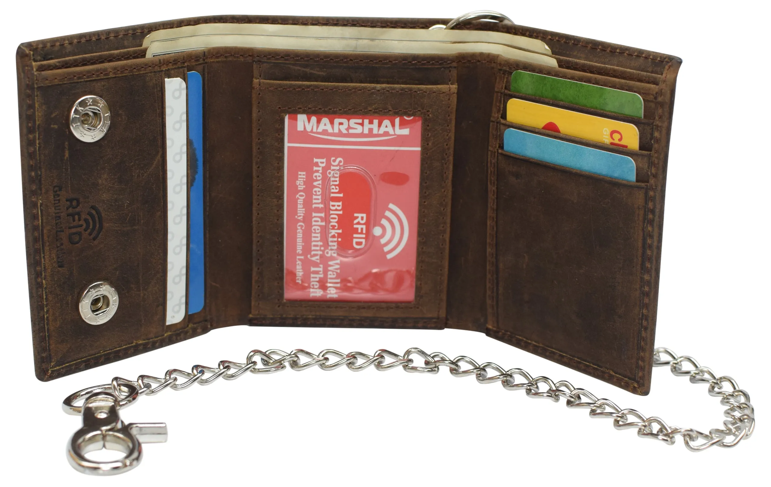 RFID Blocking Men's Tri-fold Leather Biker Silver Chain Wallet With Snap Closure