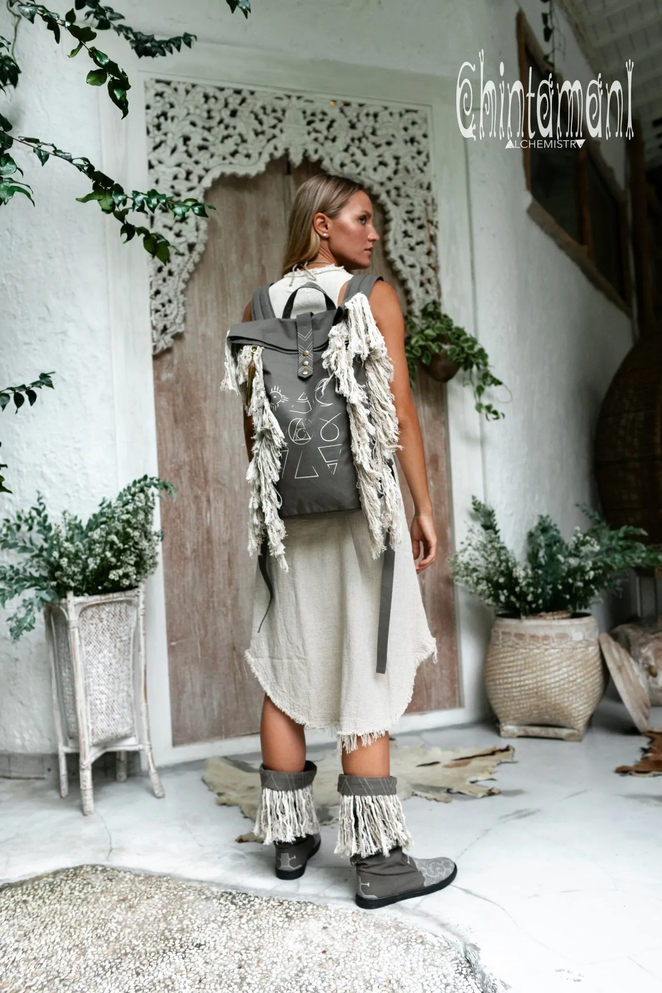 Rolltop Boho Canvas Backpack for Women with Linen Fringes ∆ Rolltop Laptop Backpack / Dark Gray