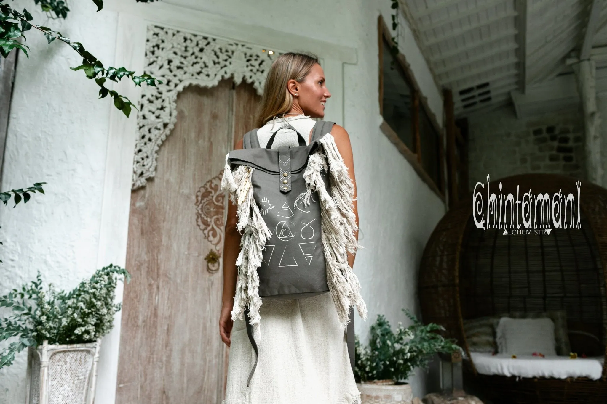 Rolltop Boho Canvas Backpack for Women with Linen Fringes ∆ Rolltop Laptop Backpack / Dark Gray