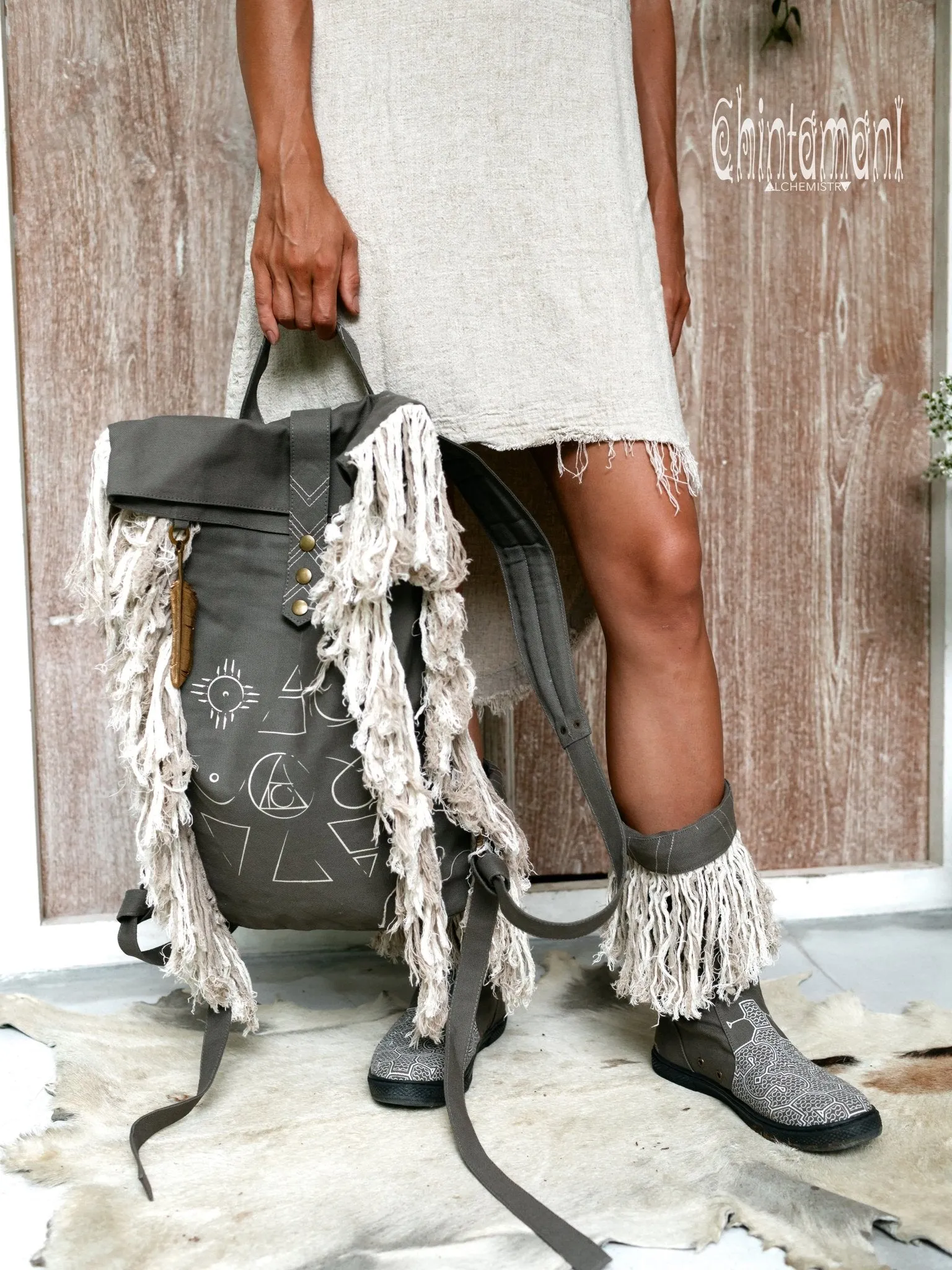 Rolltop Boho Canvas Backpack for Women with Linen Fringes ∆ Rolltop Laptop Backpack / Dark Gray