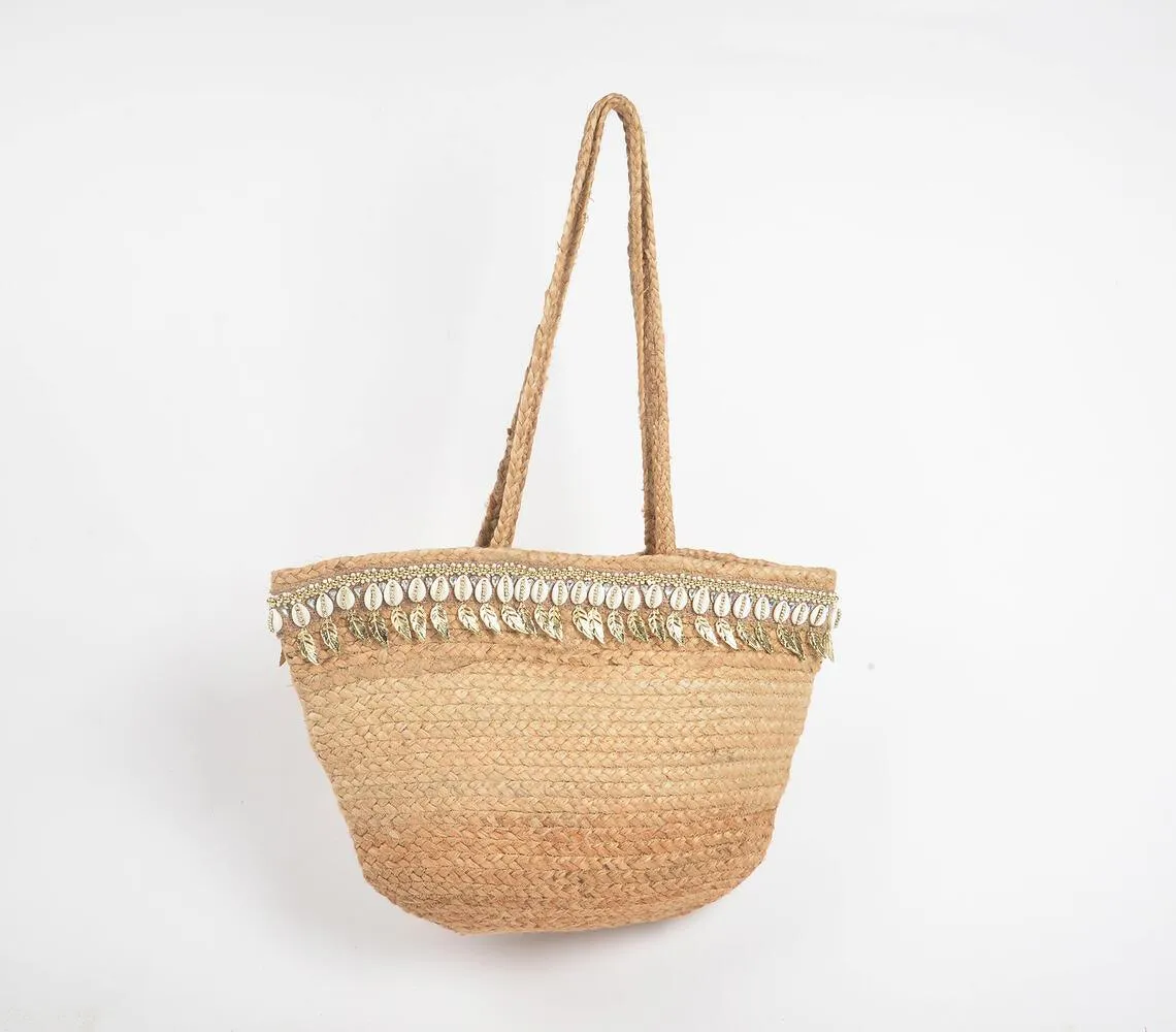 Shells & Metallic Feathers Jute Tote Bag