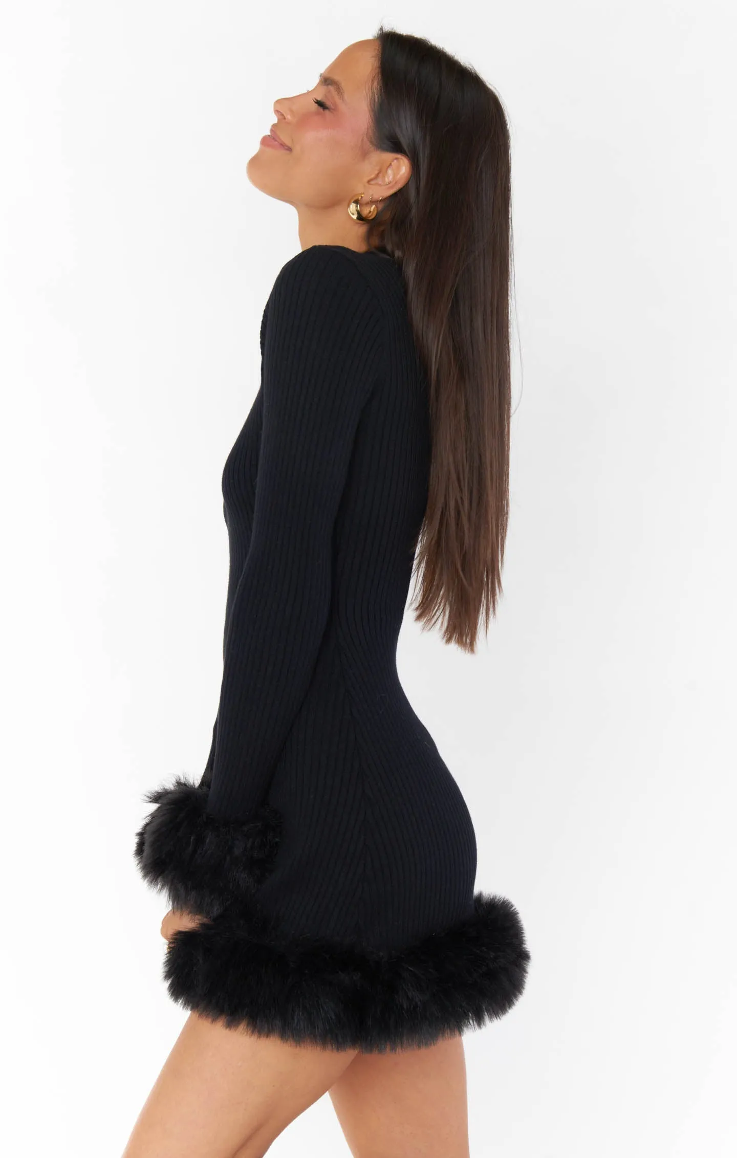 Show Me Your Mumu Fran Mini Dress in Black Knit with Faux Fur