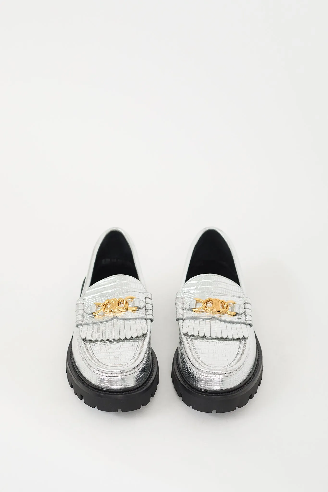 Silver Embossed Leather Margaret Fringe Loafer