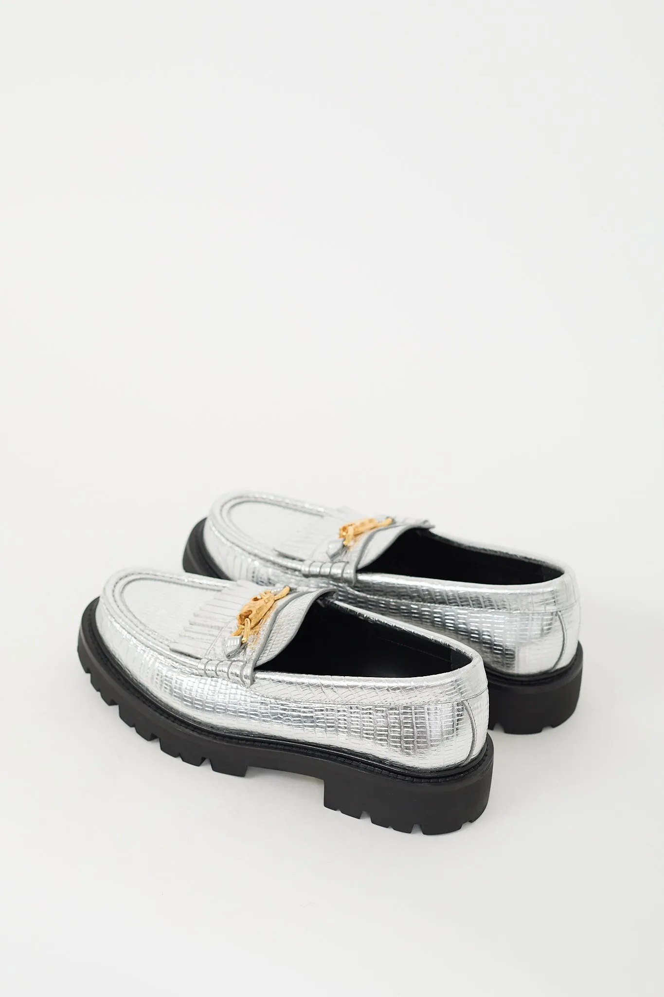 Silver Embossed Leather Margaret Fringe Loafer