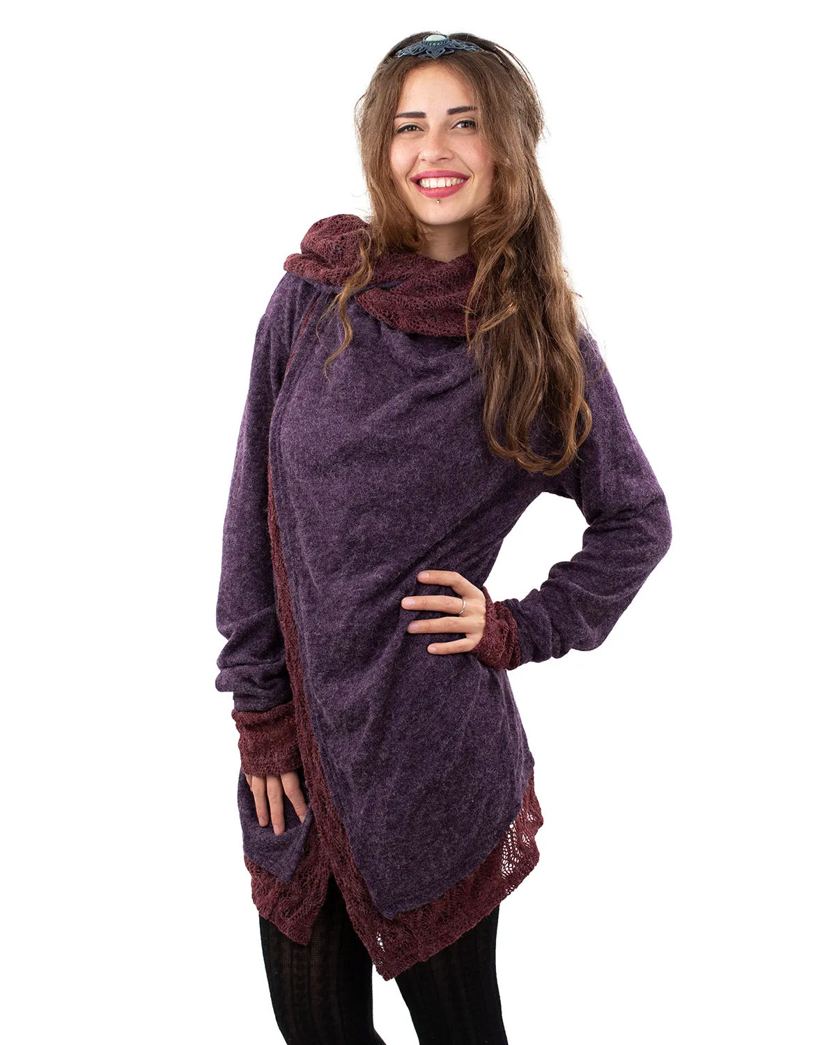 Solstice Crochet Lace Hooded Cardigan Jacket Purple/Wine