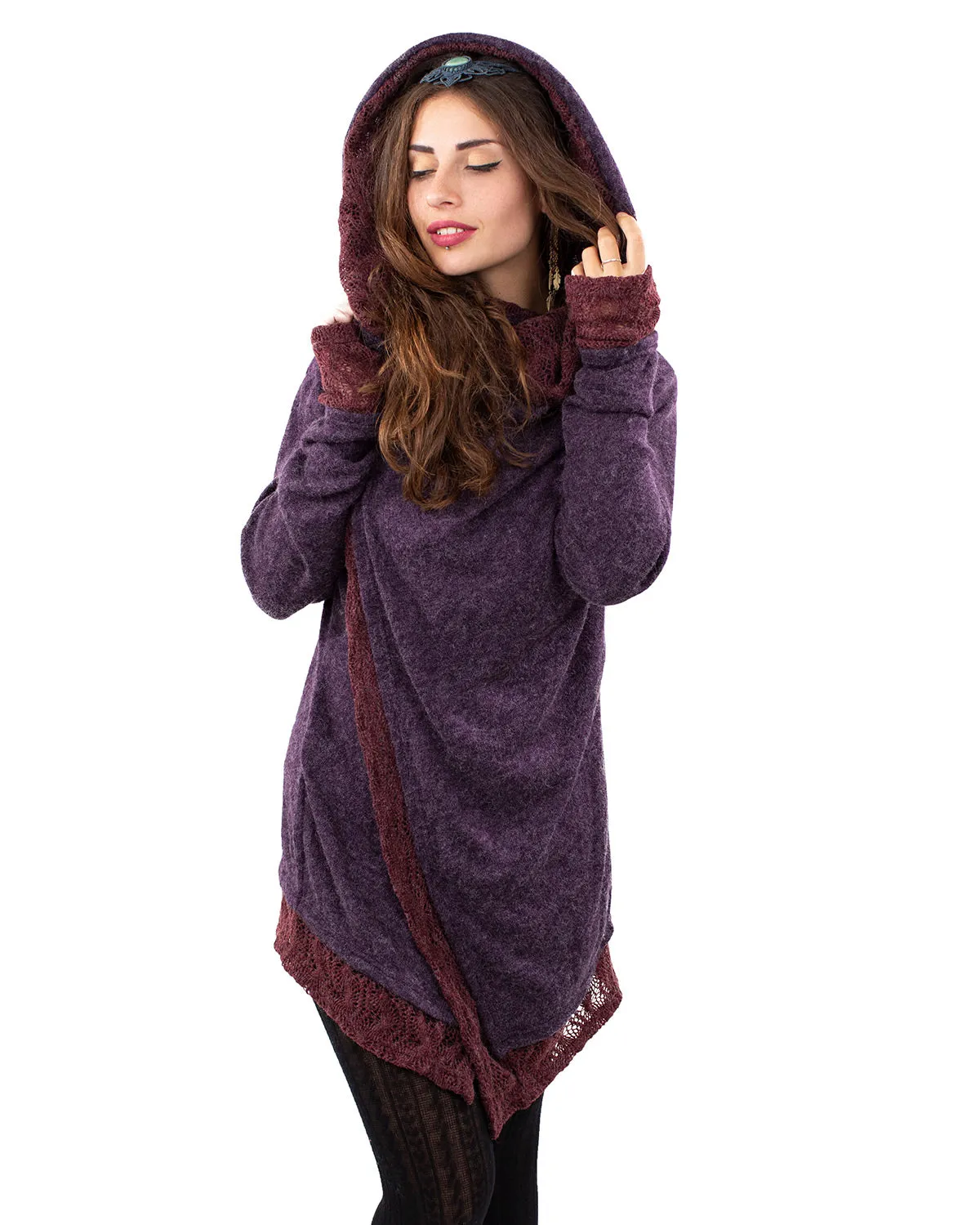 Solstice Crochet Lace Hooded Cardigan Jacket Purple/Wine