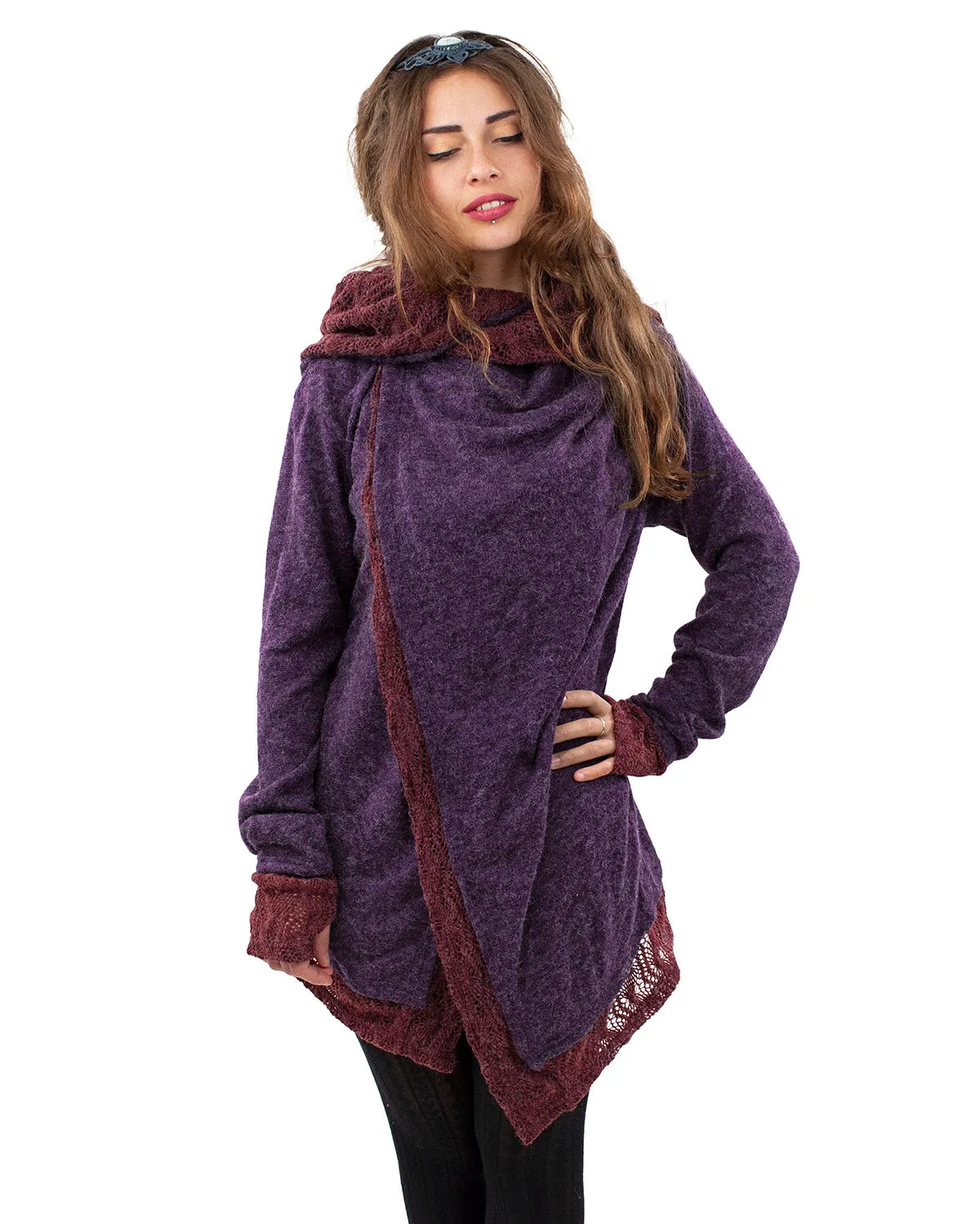 Solstice Crochet Lace Hooded Cardigan Jacket Purple/Wine