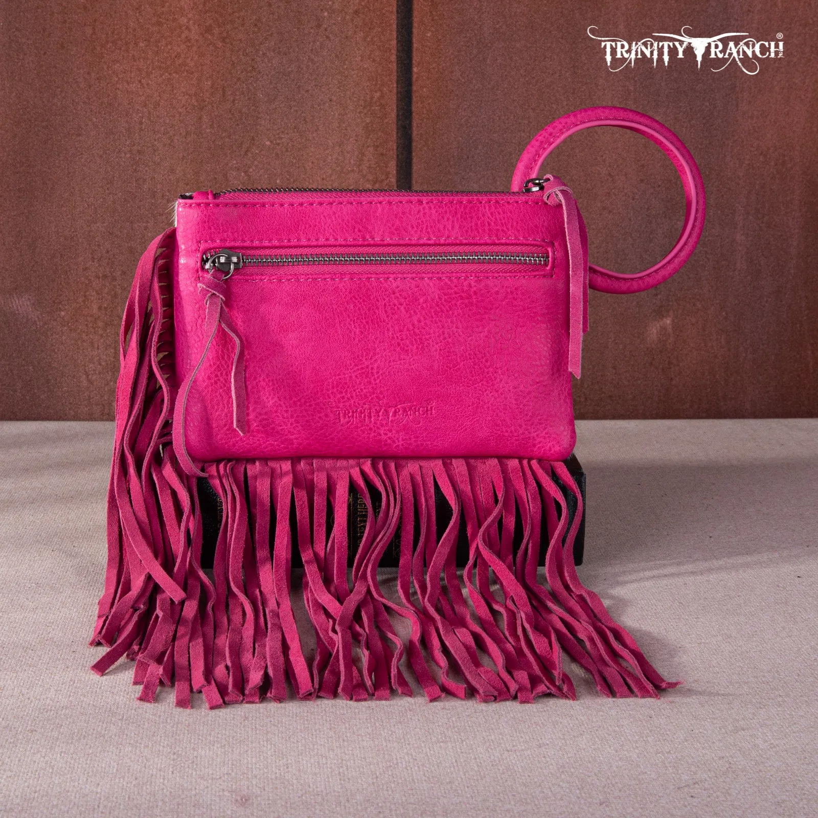 TR167-A181 Trinity Ranch Genuine Hair-On Cowhide Ring Handle Wristlet Clutch Bag - Hot Pink