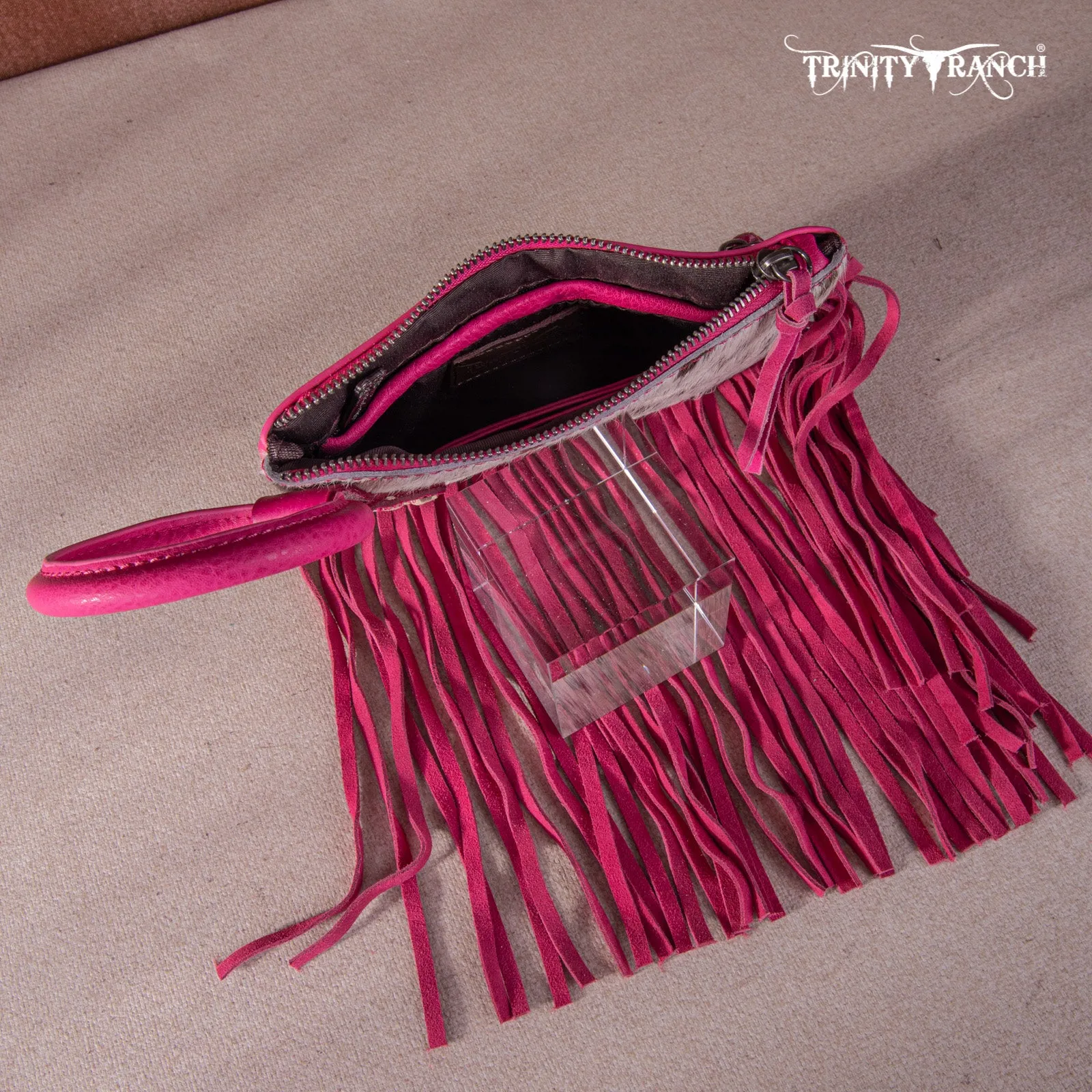 TR167-A181 Trinity Ranch Genuine Hair-On Cowhide Ring Handle Wristlet Clutch Bag - Hot Pink