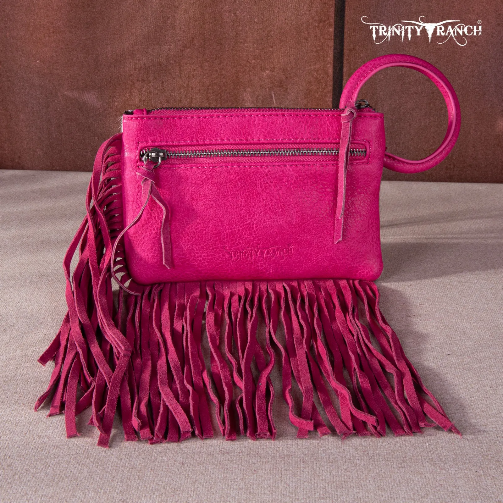 TR167-A181 Trinity Ranch Genuine Hair-On Cowhide Ring Handle Wristlet Clutch Bag - Hot Pink