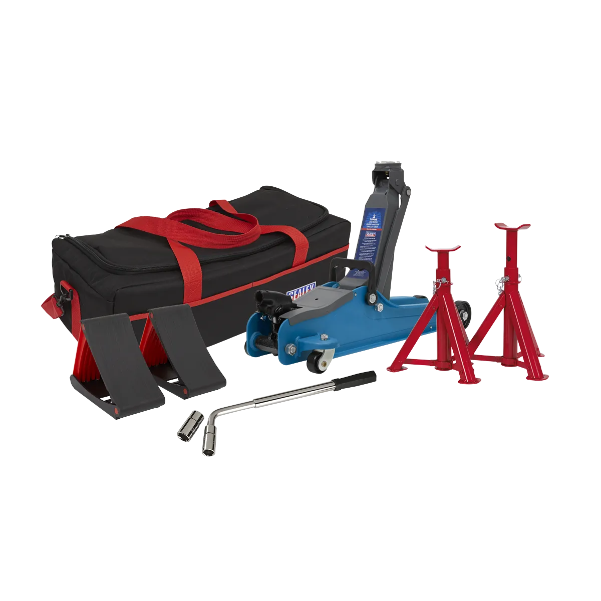 Trolley Jack 2tonne Low Entry Short Chassis - Blue and Accessories Bag Combo