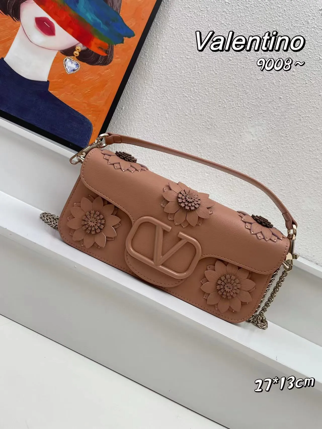 VLTN083 LOCÒ SHOULDER BAG WITH APPLIQUE FLOWERS / W10.6xH5.1xD2.3 in