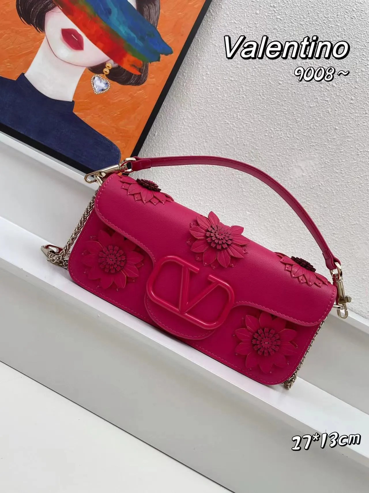 VLTN083 LOCÒ SHOULDER BAG WITH APPLIQUE FLOWERS / W10.6xH5.1xD2.3 in