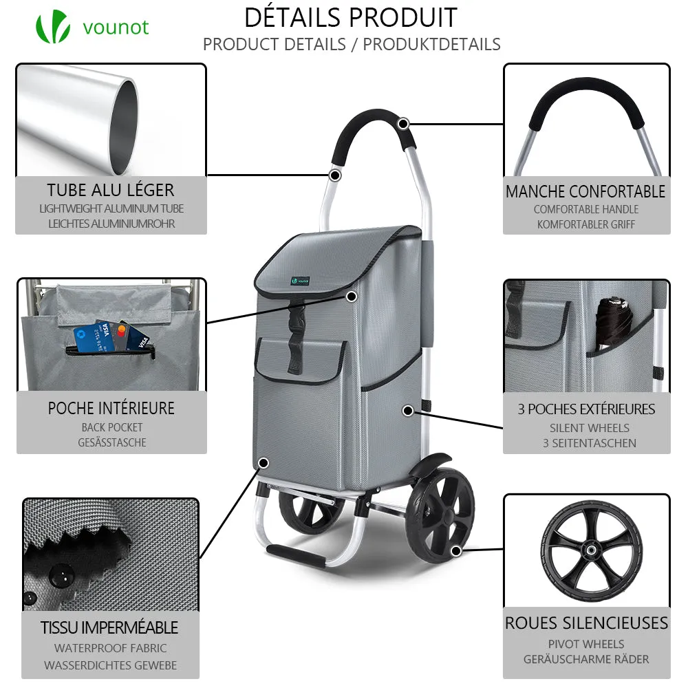 VOUNOT Folding Shopping Trolley with Detachable bag, 2 Mudguard wheels 55L Grey