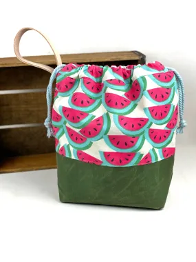 Watermelon on Waxed Canvas Project Bag, Project Bag for Knitters, Knitting Bag, Black Floral Bag