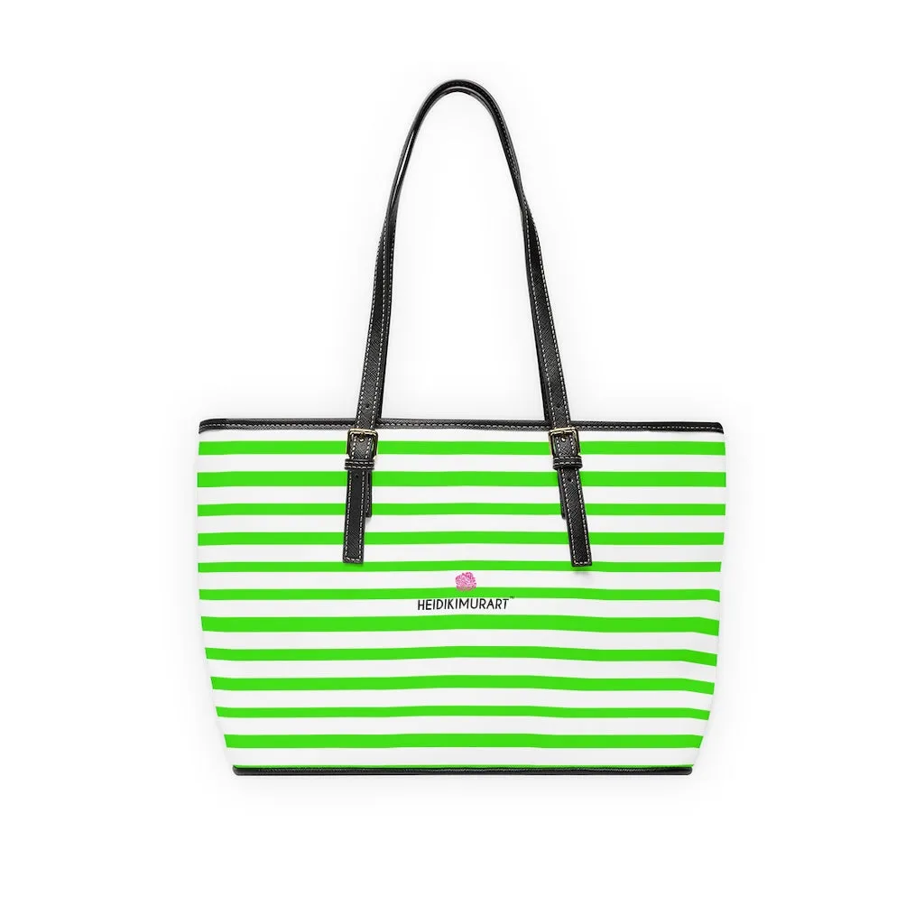 White Green Stripes Tote Bag, 17"x11"/ 16"x10" Designer Striped PU Leather Shoulder Hand Bag