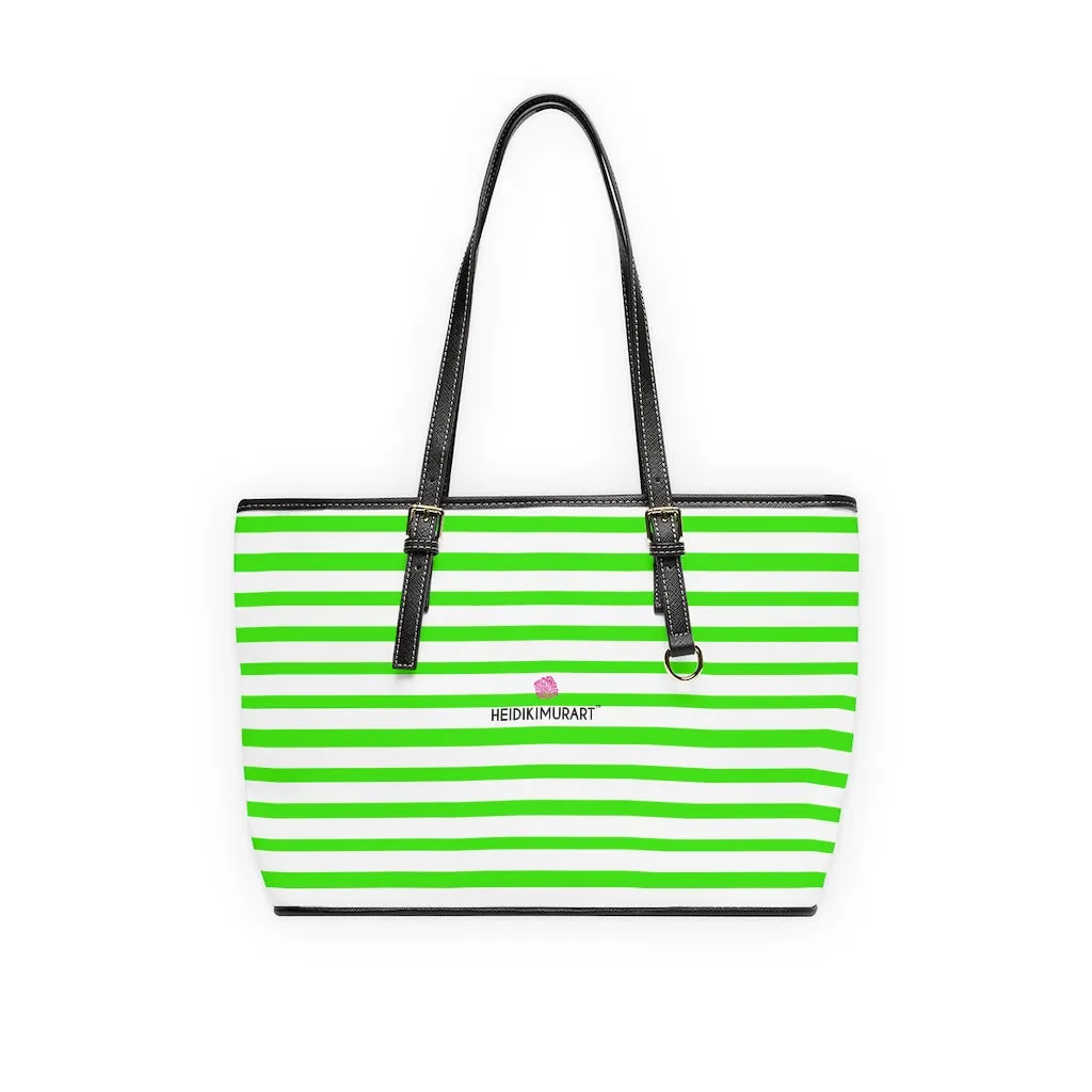 White Green Stripes Tote Bag, 17"x11"/ 16"x10" Designer Striped PU Leather Shoulder Hand Bag