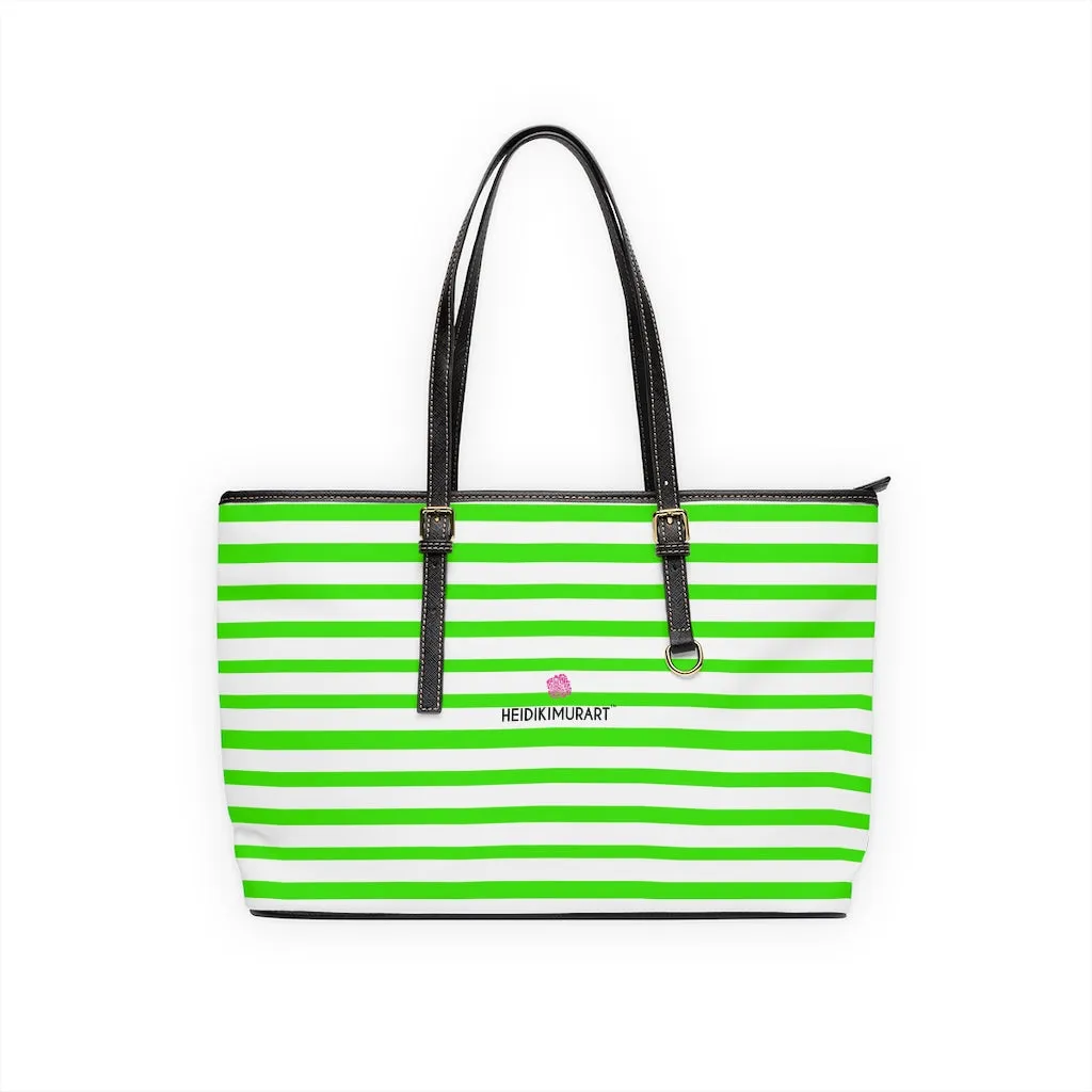 White Green Stripes Tote Bag, 17"x11"/ 16"x10" Designer Striped PU Leather Shoulder Hand Bag