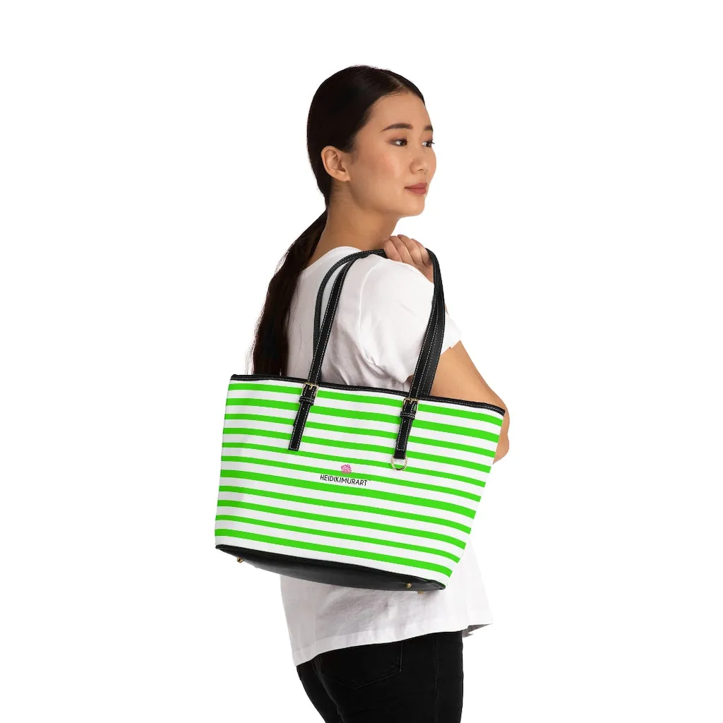 White Green Stripes Tote Bag, 17"x11"/ 16"x10" Designer Striped PU Leather Shoulder Hand Bag