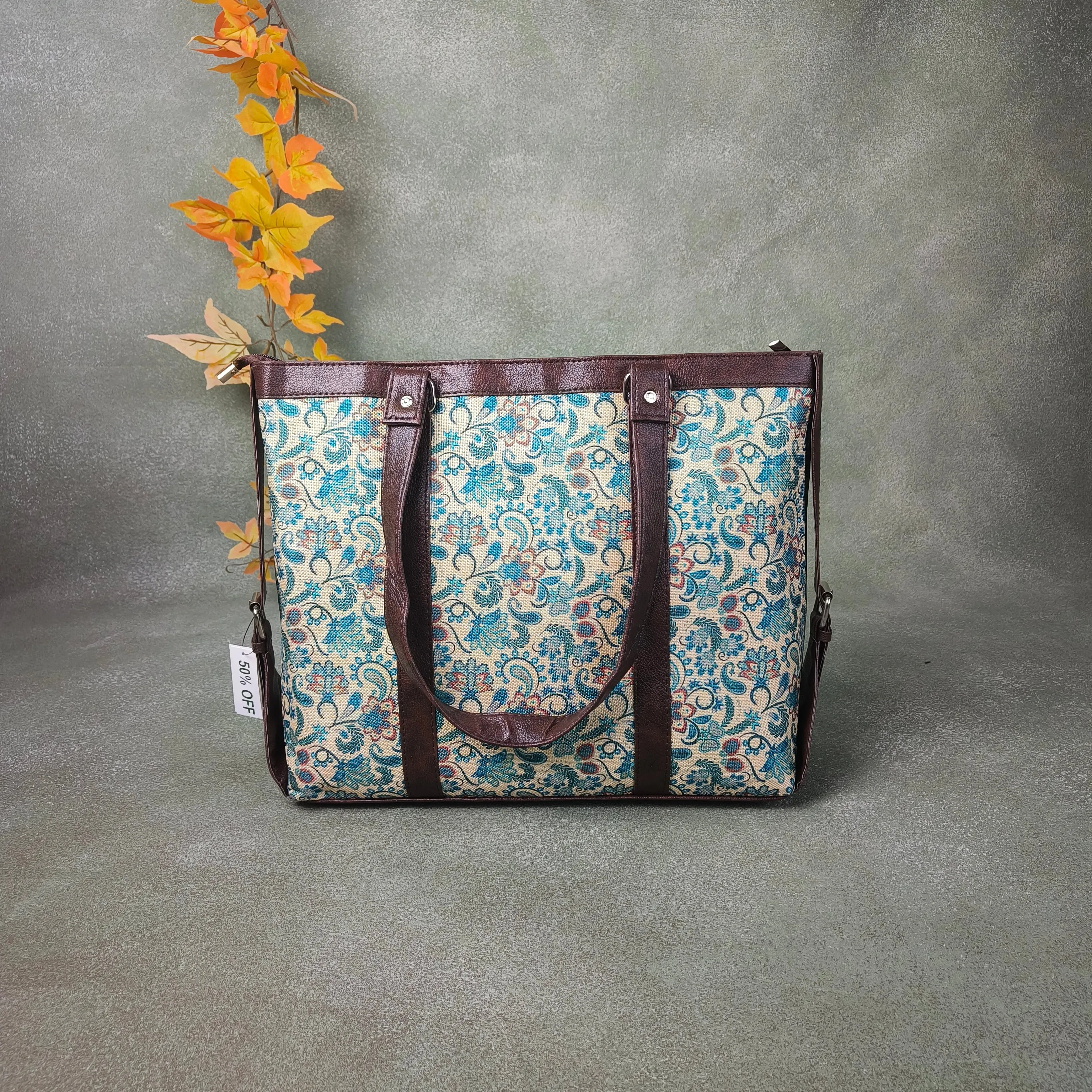 XL laptop Totes Sandal with Blue Botanical Prints Design